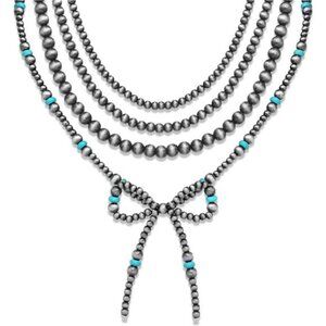 4pc Western Navajo Pearl & Turquoise Necklace Jewelry For Women Beaded Chain Bow
